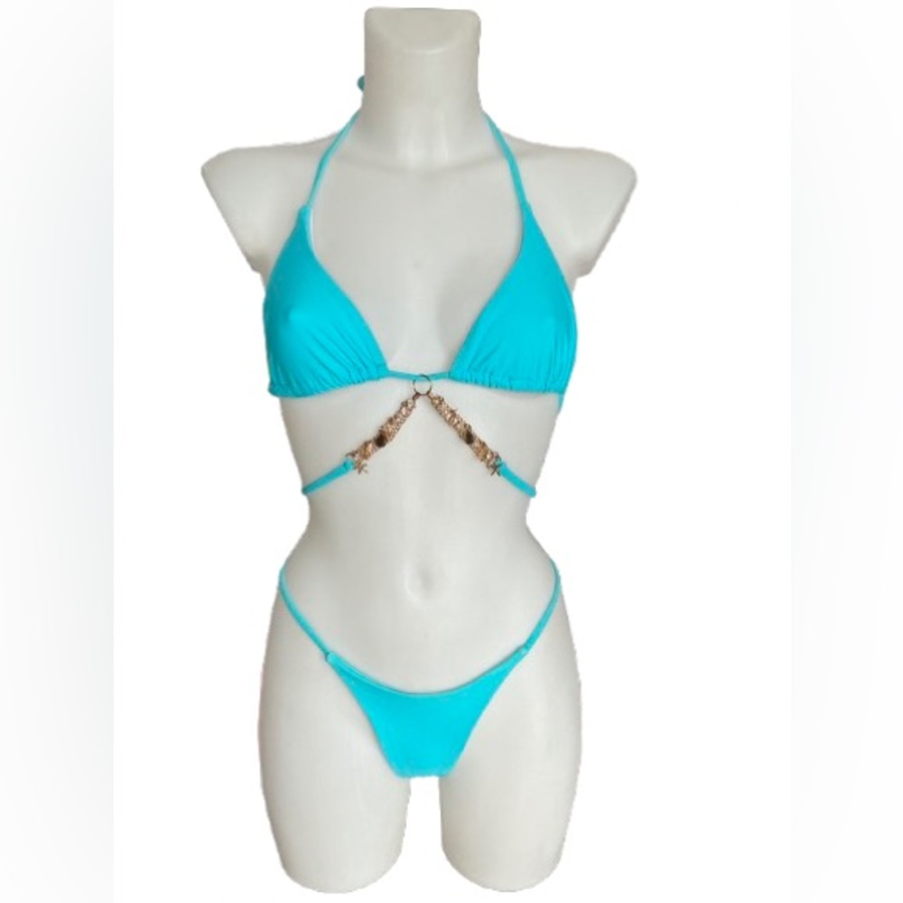 Aqua Blue 2 Piece Bikini with Gold Chain w/ Charms and Crystal Adornments Smalll